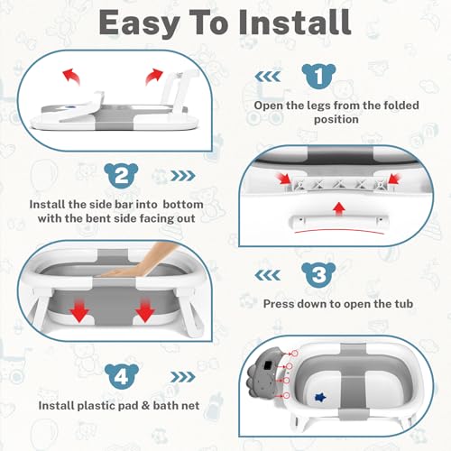 Image of AVIDOR Baby Bathtub,Collapsible Baby Bathtub for Newborn to Toddler,Durable Essential Infant Bath Tub,Portable Travel Baby Tub with Soft Bath Net,No-Slip Feet and Dinosaur Shaped (Grey)