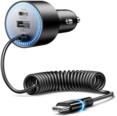Rocoren 200W Zigarettenanzünder USB C, Kfz Auto Ladegerät mit 1.6M PD100W Spiral Typ C Ladekabel, 12V/24V Car Charger Schnellladegerät Auto USB Adapter for MacBook Pro, iPhone, Gal