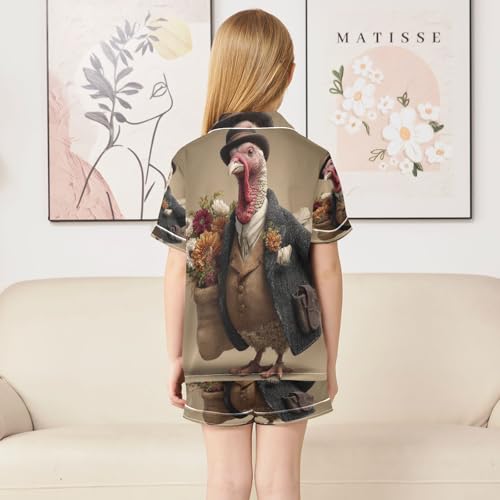 Satin Pajama Sets Short Sleeve Turkey Thanksgiving Funny Button Down Silky Nightwear 2 Piece PJS 5-14Y4