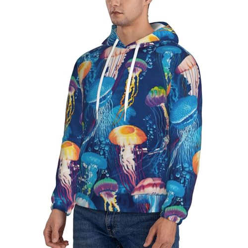 nanger Colored Jellyfish Print Men'S Casual Hooded Sweatshirt, Thin Fleece Long Sleeve Hoodie Pullover With Pocket3