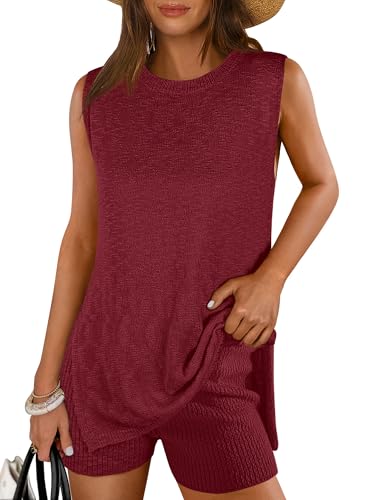 Image of ANRABESS Women Summer 2 Piece Outfits Sleeveless Knit Sweater Top & Shorts Soft Lounge Sets Travel Beach 2026 Spring Clothes Burgundy Small