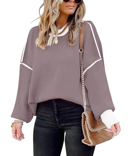 Image of Womens Oversized Sweaters Fall 2026 Fashion Clothes Colorblock Knit Tops | ETCYY Striped Sweaters For Women Trendy,Batwing Sleeve Oversized Sweater Pullover Tops,Cute,Spring Winter Fall Outfits