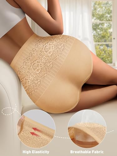 Image of Women's Lace Trim High Waisted Cotton Underwear Full Coverage Ladies Panties Tummy Control Briefs 4 Pack