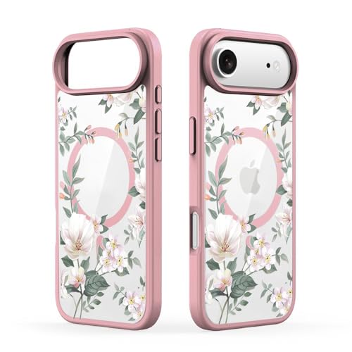 Image of Elzzi Back Cover Case Compatible with iPhone 17 Air Case Luxury Retro Flowers Floral Clear for Magnetic Wireless Charging Case Shockproof PC+TPU Cute Glossy Shiny Cover for Girls Women, 6.6'' Pink