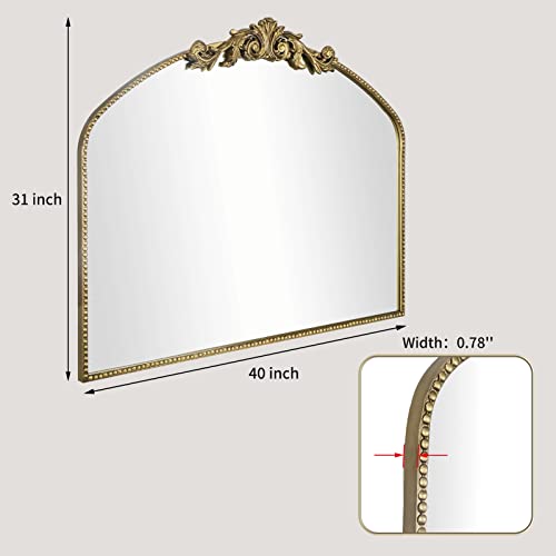 Image of Gold Arched Vintage Mirror 40 inchX31 inch, Antique Mantel Wall Mirror with Ornate Metal Frame, Victorian Dress Baroque Decor for Entryway /Fireplace /Living Room /Hallway /Bathroom /Bedroom