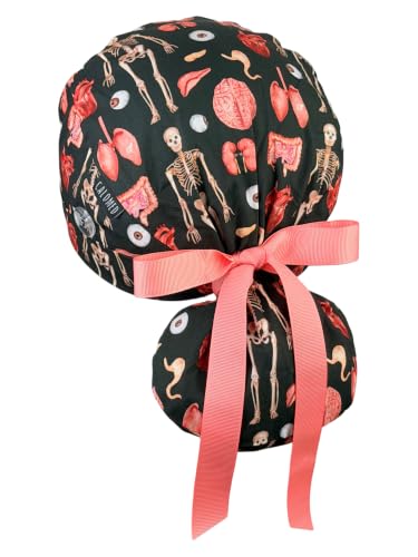 Image of Scrub Cap for Women and Men, Ponytail Scrub Caps, Working Hat, Head Cover with Ribbon Ties and Buttons, Long Hair