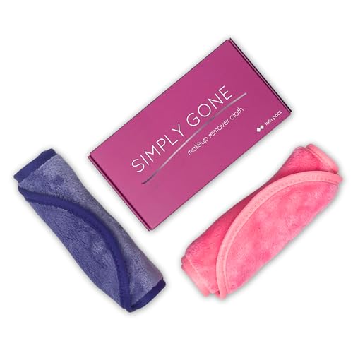 Simply Gone Make Up Remover Cloth (2 Pack) | Reusable Makeup Eraser removes all makeup, even waterproof mascara. Ideal for Sensitive Skin (Pink & Purple)