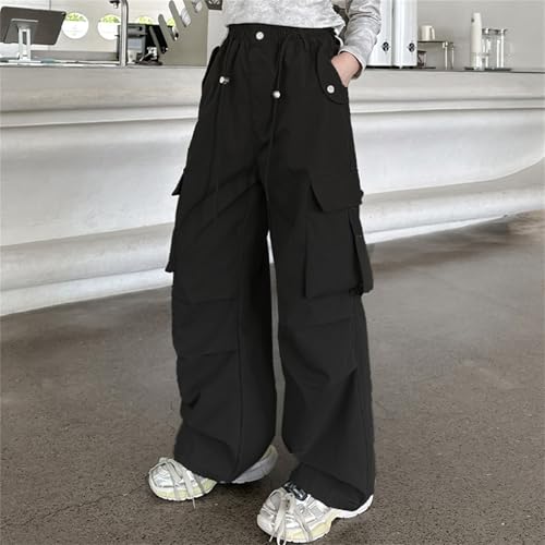 Girls Jeans Cargo Pants Wide Leg Baggy High Elastic Waistband Kids Straight Denim Pant with Pockets Casual Trousers4