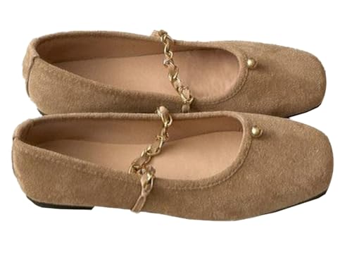 Ballet Flats for Women Comfortable Suede Flats Square Toe Mary Jane Flats with Chain Strap Casual Dressy Flat Shoes 2025