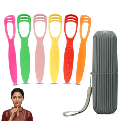 Image of MAXI Handle Tongue Cleaner for Adults & Kids with Travel Case | BPA Free, Multicolor Plastic Tongue Scraper for Oral Hygiene, Removes Bad Breath & Bacteria, Easy Grip Handle (Pack of 6)