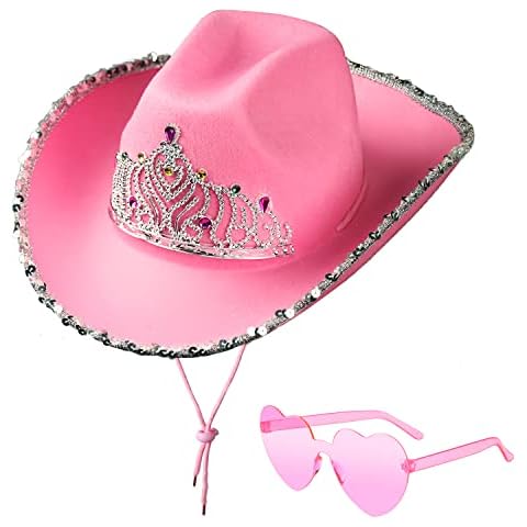 Preppy Pink Cowgirl Hat with Heart Glasses - Crown Tiara Design Sequin Princess Felt Hat for Women, Bachelorette Theme, Western Country Concert Cover