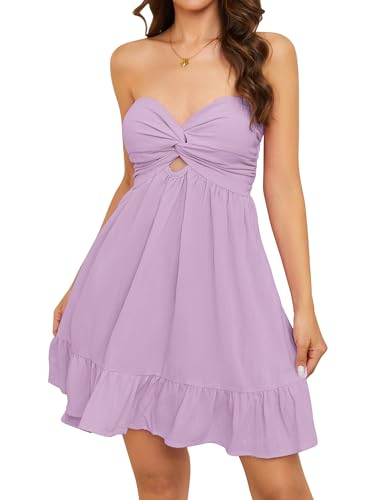 Image of HOCANDY Womens Strapless Mini Dress Twist Knot Front Cut Out Babydoll Dress Smocked Backless Ruffle Hem Tube Dresses
