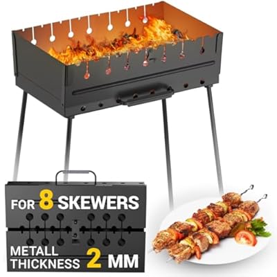 Charcoal Grill for 8 Skewers - Portable Barbecue 16.9"×11.8"×16.9" Kabob Camp Grills - Foldable Metal Mangal - Kebab Shish - BBQ for EDC Picnic Outdoor Cooking Camping Hiking
