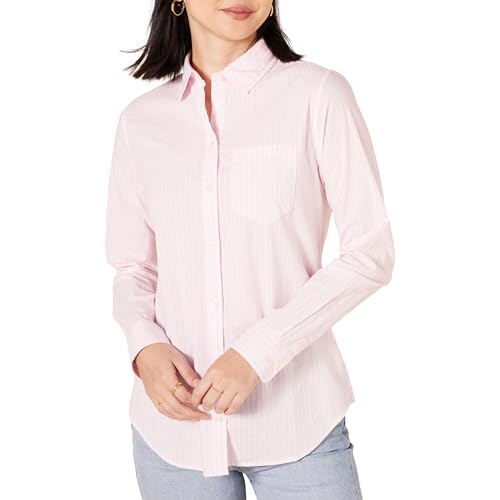 Amazon Essentials - Chemise en popeline à manches longues, coupe classique, pour femmes ,rose/rayures,US XL (EU 2XL)