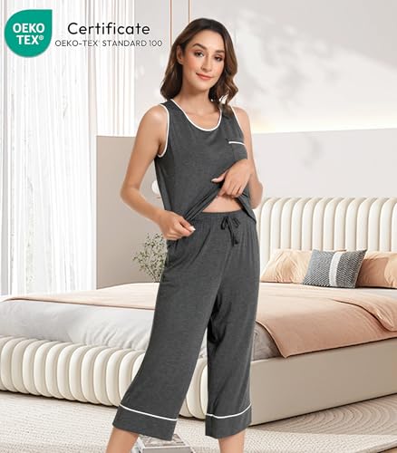 Image of NACHILA Pajamas Set for Women-Viscose Made from Bamboo, Tank Top with Capri Pants Pajama Cool Sleepwear Sleeveless Pjs