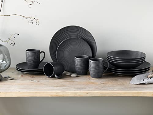 CreaTable, 20538, Serie Lava Stone black, 16-teiliges Geschirrset, Kombiservice aus Steinzeug, spülmaschinen- und mikrowellengeeignet, Made in Portugal