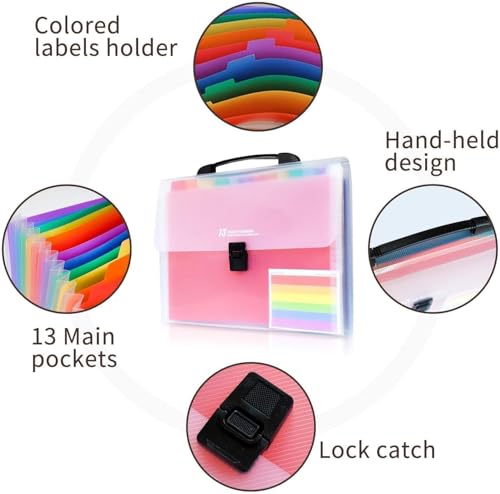 Image of Files Folder 13 Pockets A4 Rainbow Accordion File Organizer,Index Handle File High Capacity Expanding Document Folder for Business Office Study