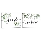 Good Vibes Motivational Eucalyptus Plant Framed Canvas Wall Art Decor 14×11 inch Set of 2,Positive Quotes Signs Print Painting Artwork Home Wall Decoration for Farmhouse Room Home Office