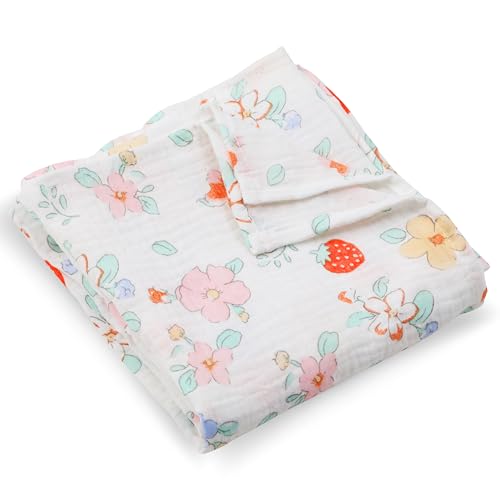 PinkZebra Coperta per neonati, in mussola, 80 x 80 cm, morbida coperta in 100% cotone biologico, tessuto ecologico, traspirante, motivo floreale