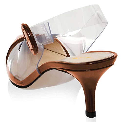Xyd Women Transparent Slingback Mid Kitten Heels Patent Leather Pumps Pointed Toe Pvc Dress Sandals Clear Shoes With Buckle Size 10 Brown #TOP2