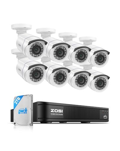 ZOSI 1080P H.265+ Home Security Camera System with AI Human Vehicle Detection, 5MP 3K Lite 8 Channel CCTV DVR Recorder with 2TB Hard Drive and 8 x 1080p Surveillance Bullet Camera Outdoor Indoor