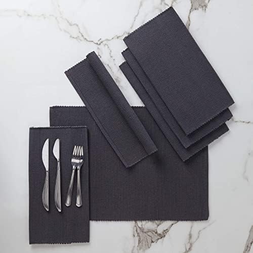 Encasa Fine Ribbed Cotton Placemats Set of 6 With Ladder Black Color & Rectangular Size 46x32 cm For Dinning Table Fall Decoration, Halloween & Christmas Festivals - Machine Washable
