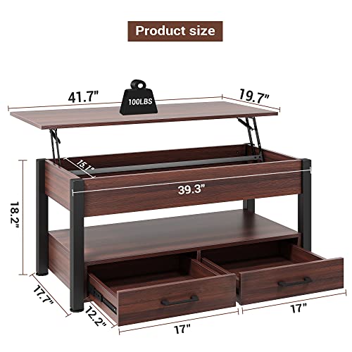 Osfvolr Lift Top Coffee Table, Coffee Table With Storage Drawers And Adjustable Metal Legs, Vintage Wood Living Room Tables With Hidden Compartment And Open Shelf, Espresso #TOP2