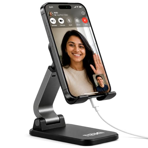TIZUM Foldable Mobile Stand for Desk, Adjustable Height & 74.5° Tilt Angle, Anti-Slip Rhombus Grip, Reserved Charging Hole, Carbon Steel Phone & Table