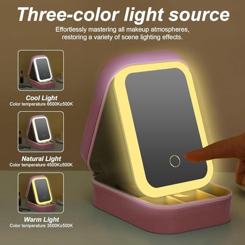 Image of INOVERA (LABEL) Makeup Organizer Bag for Women & Girls - Stylish Compact Faux Leather Vanity Box - Travel Cosmetic Organiser Case with LED Mirror (Pink)