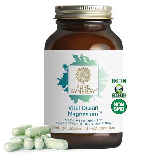 PURE SYNERGY Vital Ocean Magnesium | Organic Magnesium Supplement Capsules | Vegan Seaweed-Based Complex with Spirulina Chlorella & Wakame | for Energy Sleep & Stress (60 Capsules)