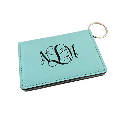 Monogram Keychain Wallet ID Holder Faux Leather Personalized (Teal)