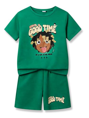 Image of Size 6-12 Years Boys Summer Outfits Set Kids Short Sleeve Top T-Shirt & Shorts Color Block Clothing Sets