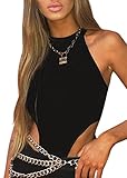 Hilinker Women's Halter Neck Sleeveless Racerback Tank Top Bodysuit Thong Leotard (Medium, Black)