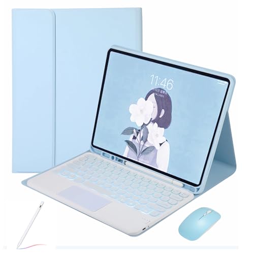 WxfTnix キーボードケース タッチパッド付き 対応 iPad 第 10 世代 2022 10.9 インチ マウス付き、7 色のバックライト付きキーボードの無線 Bluetooth 取り外し可能、Penci の革フォリオ カバー,ブルー