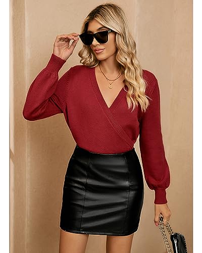 Image of LookbookStore Women's Knit Long Sleeve Faux Wrap Surplice V Neck Sweater Top