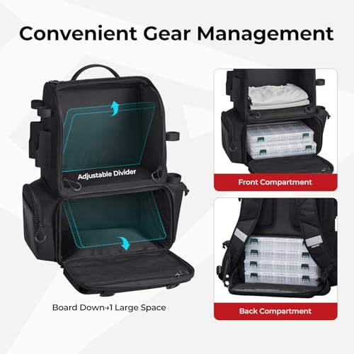 Image of Piscifun 52L Fishing Tackle Backpack, 17 Pockets, Rod Holders & 4 Boxes | 52L, 17 compartments, 4 tackle boxes, Rain cover, Breathable support