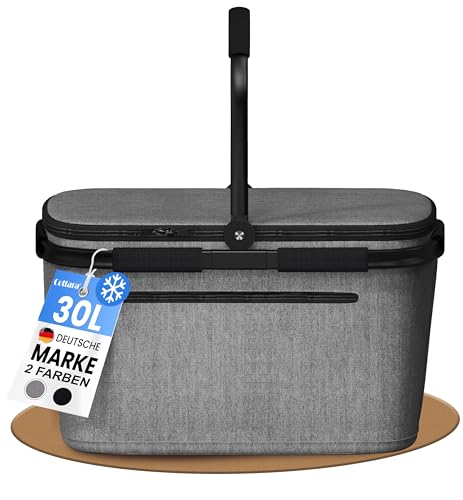 Cottara® Thermo Einkaufskorb Kühltasche groß | isolierter Einkaufskorb mit Deckel, verstärktem Boden, Frontfach mit Reißverschluss | Ideal als Kühlkorb oder Picknick Korb (Grau)