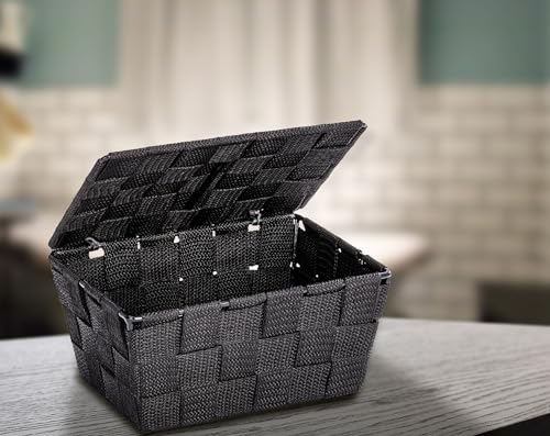 WENKO Aufbewahrungskorb mit Deckel Adria Schwarz - Badkorb, Polypropylen, 19 x 10 x 14 cm, Schwarz