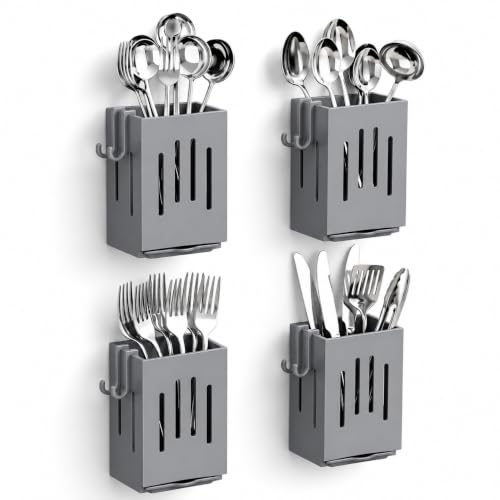 Image of KitchAntiqueWall Mounted 4 Pc Utensil Holder with Hooks | Self Draining Cutlery Organizer, Adhesive Installation | Waterproof Kitchen Spoon Chopstick Storage Rack for Countertop & Wall Use (Grey)