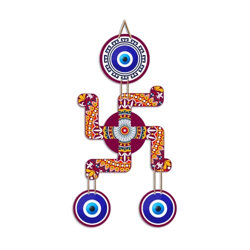 Image of Artvibes Mandala Swastik Wall Hanging with Evil Eye Protection Charms | Decorative Wooden Hindu Decor for Entrance | Home Temple | Living Room | Symbol of Good Luck | Prosperity (WH 85106N)