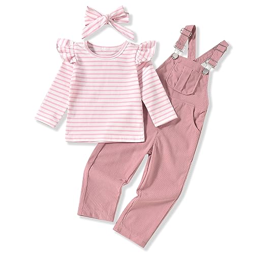 HINTINA 2PCS Baby Girls Clothes Toddler Jumpsuit Rompers Adjustable Ripped Jeans Overalls Set with Long Sleeve Stripe T-Shirt