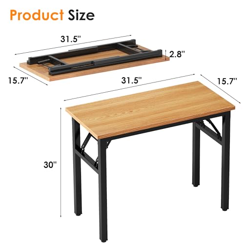 Image of Need 31.5 Inch Folding Desk for Small Spaces, Home Office Computer Desk with Teak Wood Top & Black Frame, Foldable Writing Table for Study, Bedroom, Dorm Room & Student