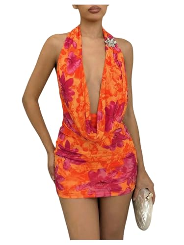 Image of OYOANGLE Women's Sexy Deep V Halter Dress Floral Bodycon Club Mini Dresses