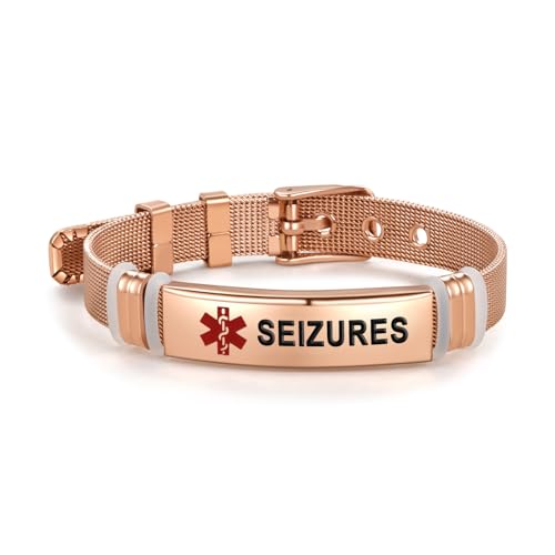 NARTGO Red Medical Alert Seizures Bracelet for Women Men's Emergency First Aid Health Alert Rose Gold Adjustable Wristband Bracelets
