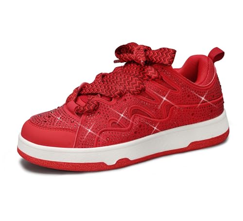 Image of LUCKY STEP Women's Sparkle Rhinestone Fashion Sneakers Walking Tennis Bling Glitter Roaring Shoes Platform Lace up Casual Mesh Sneaker