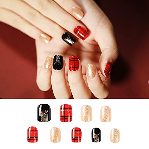 Noverlife 96Pcs Christmas Short Squoval Press On Nails W/ Nail Glue Tabs, Christmas Square Oval Fake Nails Acrylic Fingernails Xmas False Nail Tips, Festive Holiday Nail Art Manicure Decor For Women Girls #TOP3