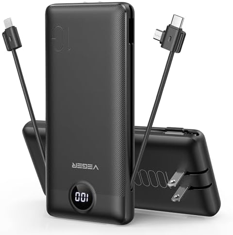 VEGER Portable Charger with Built in Cables&Wall Plug, 10000mAh Power Bank
