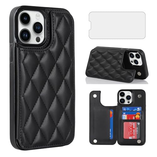 Coque iPhone 15 Pro en cuir noir élégant avec porte-carte anti-RFID et protection d'écran intégrée