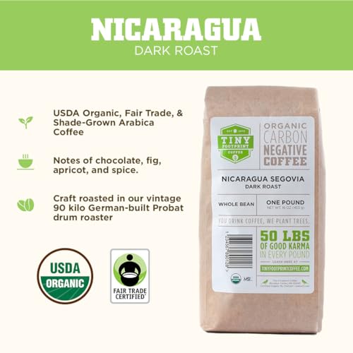 Tiny Footprint Coffee - Fair Trade Organic Nicaragua Segovia Dark Roast |Whole Bean Coffee | USDA Organic | Fair Trade Certified | Carbon Negative | 16 Ounce