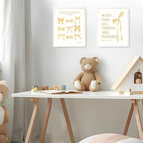 Image of LARTSFRO Coquette Yellow Bow Wall Art Decor Posters, Butter Yellow Bow Room Bedroom Bathroom Dorm Wall Art Decor Aesthetic for College Teen Girls Gifts, Inspirational Bible Verses Bow Wall Decor, 10x8 Inch Set of 4 Pcs Bow Pictures (UNFRAMED)